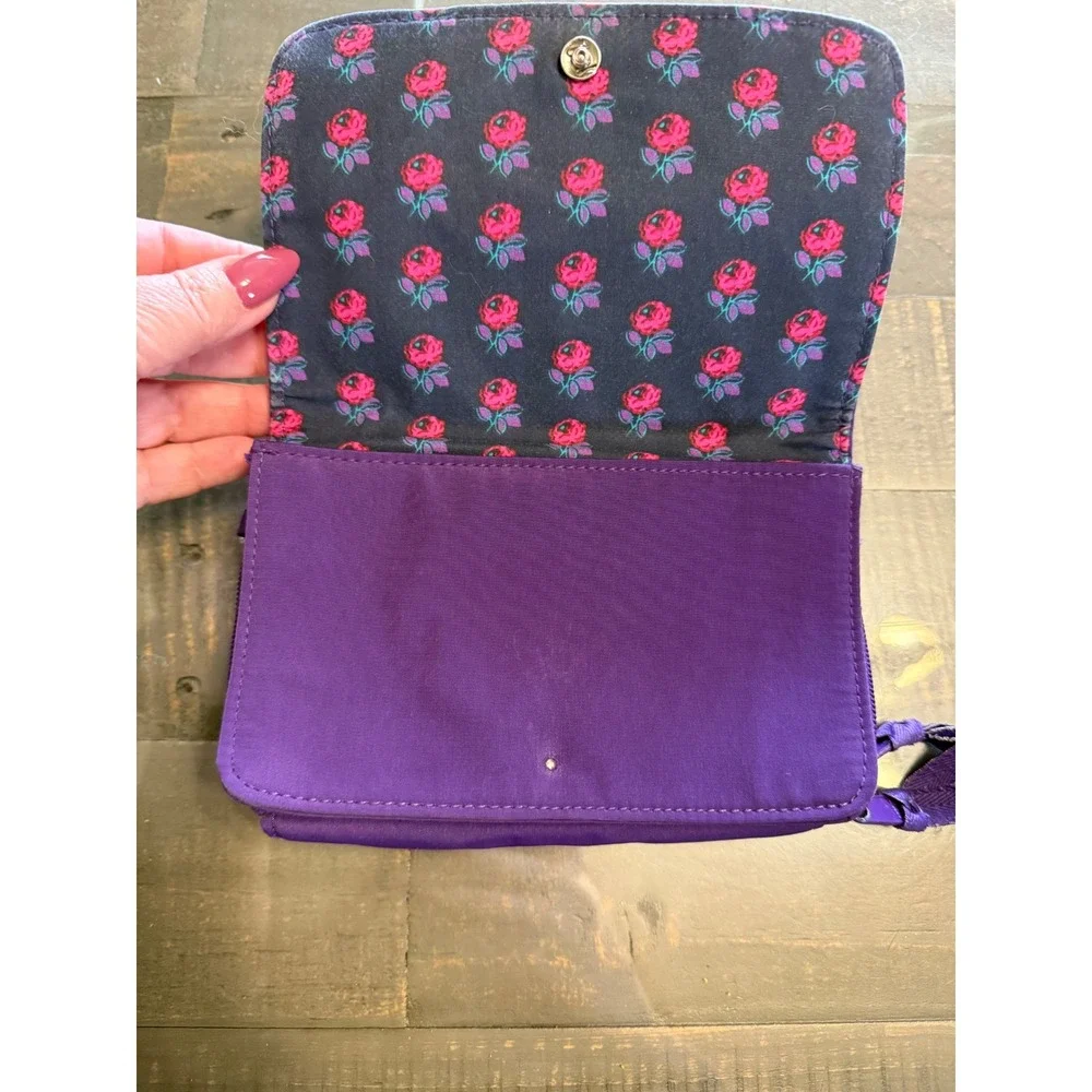Vera Bradley Purple Quilted Microfiber RFID Crossbody Wallet Bag Rose Interior - Picture 5 of 5